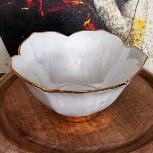 Vintage lotus flower Iridescent Gold-Trimmed Signed Bowl